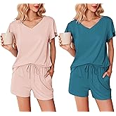 Ekouaer 2 Pack Women's Pajamas Set Soft Ruffle Sleeve Pjs Set Casual V Neck Lounge Set with Pockets