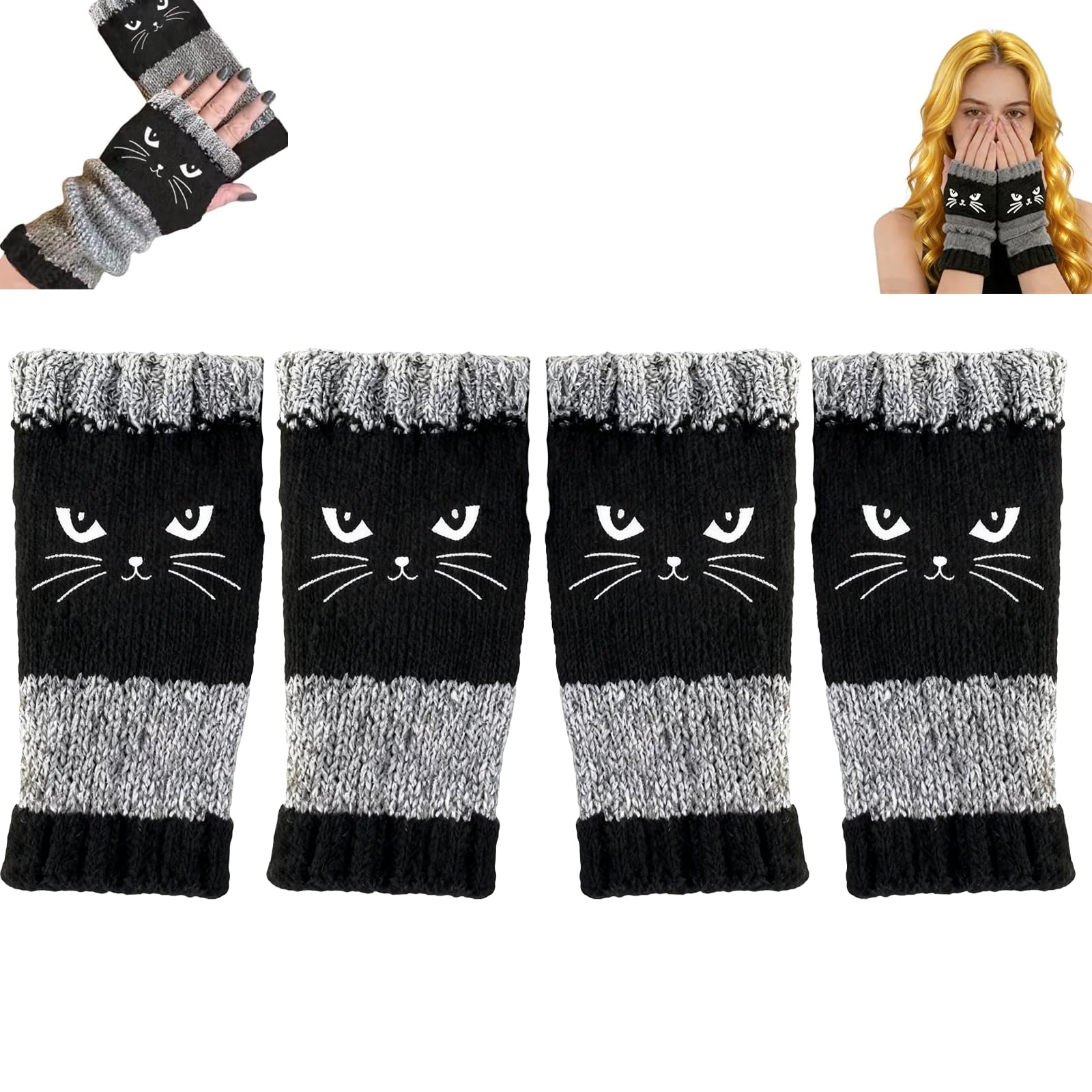 Photo 1 of 2Pairs Cat Embroidery Splicing Knitted Gloves Warm Gloves Fashion Leaky Finger Casual Women's Glove