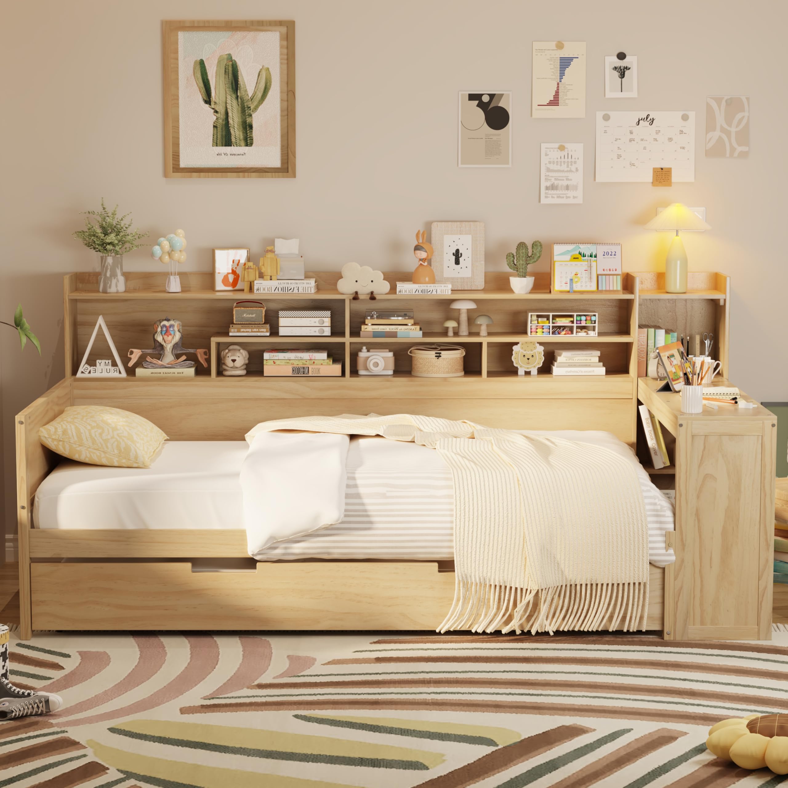 Photo 1 of (SOLD AS PARTYS, STORAGE PARTS ONLY)_
GDFStudio Wooden Twin Size Daybed with Storage Shelves, Twin Trundle Bed & Built-in Study Desk, Space-Saving Multi-Functional Bed Frame for Bedroom, Natural