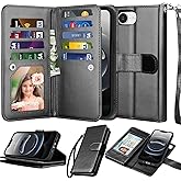 NJJEX Case Compatible for iPhone 16E 2025, for iPhone 16E Wallet Case, [9 Card Slots] PU Leather Card Holder Folio Flip [Detachable] Kickstand Magnetic Phone Cover & Lanyard [Black]