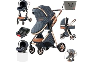 MAGIC ZC 3 in 1 Baby Stroller Travel System, Reversible Newborn Foldable Pram, Infant High Landscape Pushchair, Portable Standard Stroller, Reclining Buggy, Baby Carriage (UDV9-BLUE with Base)