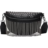 GLT.ETL Fanny pack Chest Bag For women Faux leather Fringe Quilted Waist Bum Cross body Bags Rivet studded Tassel Purses (Black)