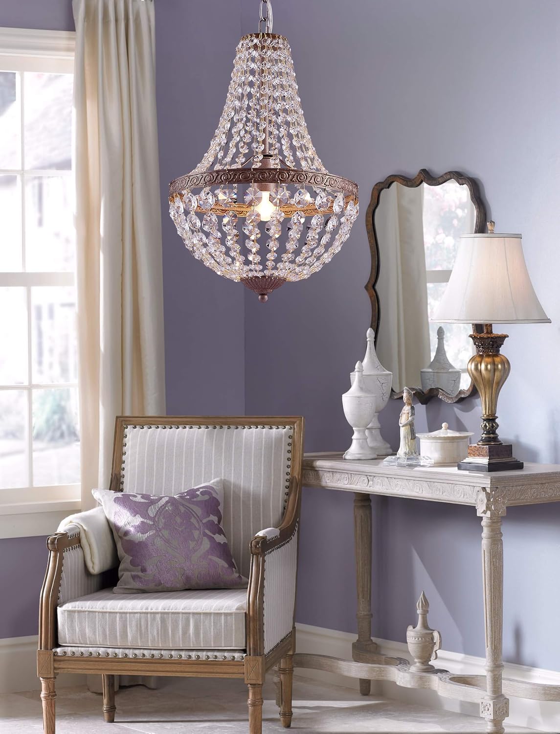 Bestier French Empire Antique Silver Finish Farmhouse Crystal Pendant Chandelier Lighting LED Ceiling Light Fixture Lamp Dining Room Bathroom Bedroom Livingroom 1 E26 Bulbs Required H18 inch X D12 inc - - 