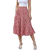 Lyrur Women's Floral Midi Skirt with Pockets High Elastic Waist Flowy Ruffle Casual Summer Boho Aline Skirts