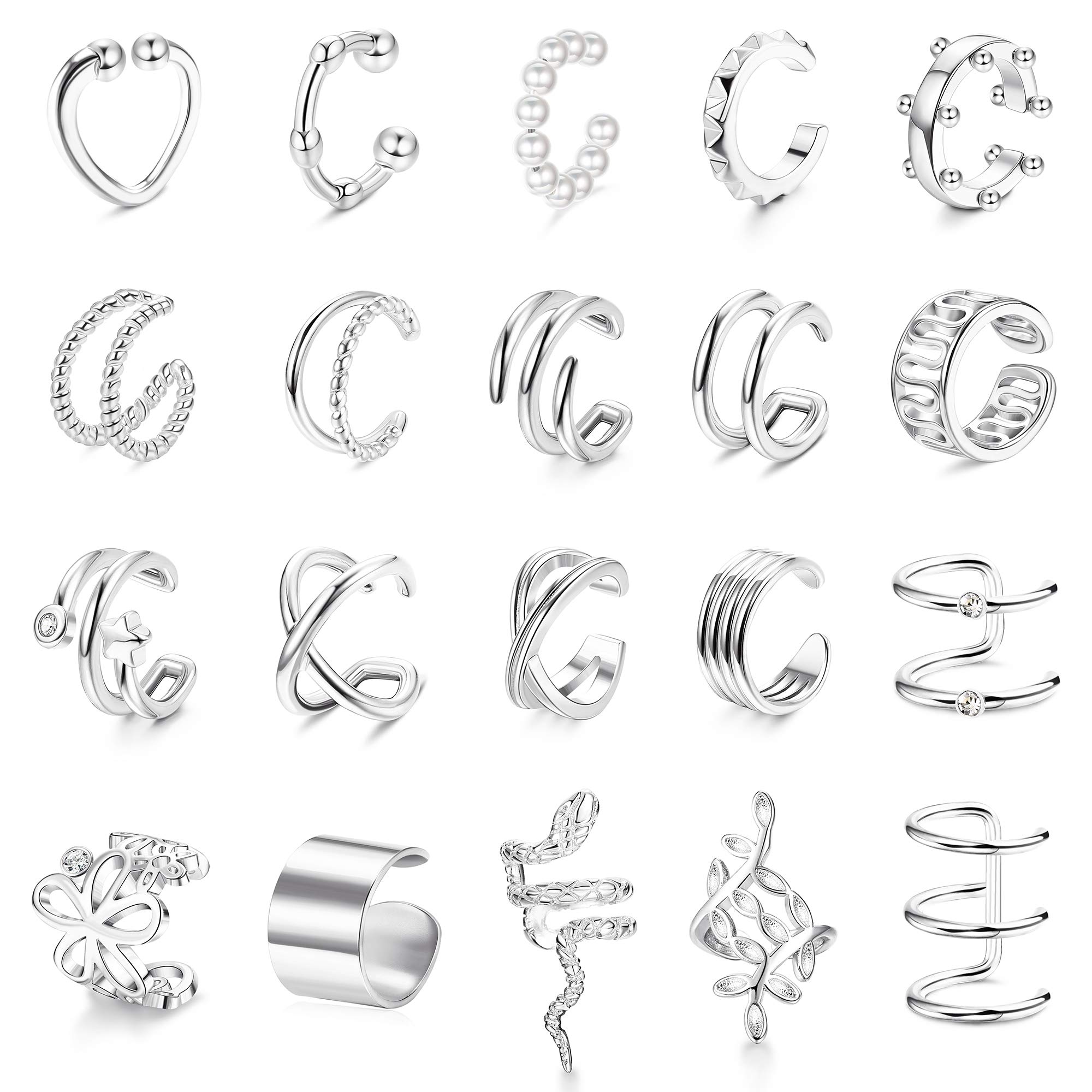 FIBO STEEL 20Pcs Ear Cuffs Earrings Set for Women Non-Piercing Dainty Cartilage Ear Clip On Wrap Earring Set Adjustable