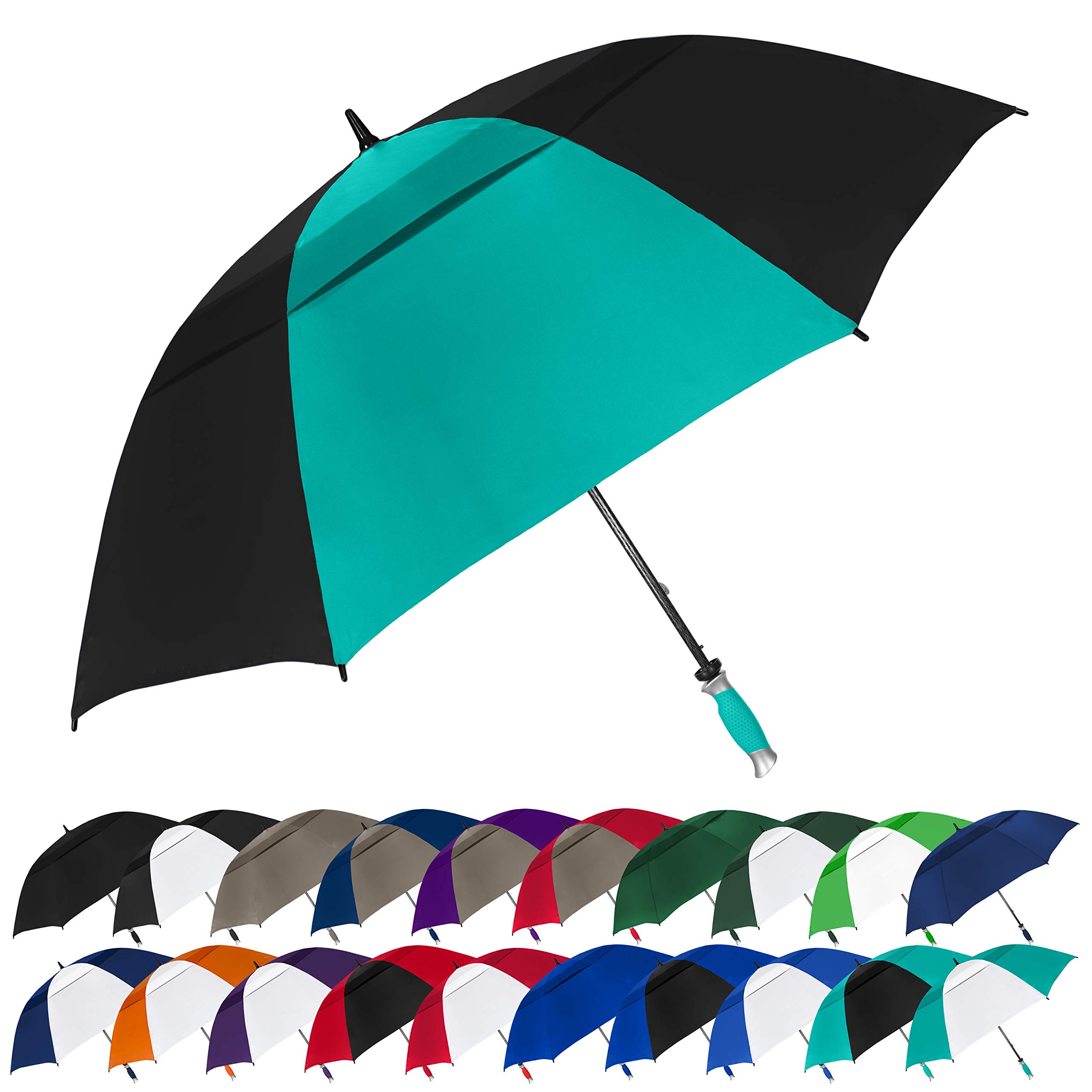 StrombergBrand 'The Vented Typhoon Tamer' 62" Golf Umbrella - Wind Resistant, Teal Blue/Black