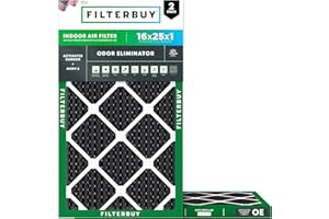 Filterbuy 16x25x1 Air Filter MERV 8 Odor Eliminator (2-Pack), Pleated HVAC AC Furnace Air Filters Replacement with Activated 
