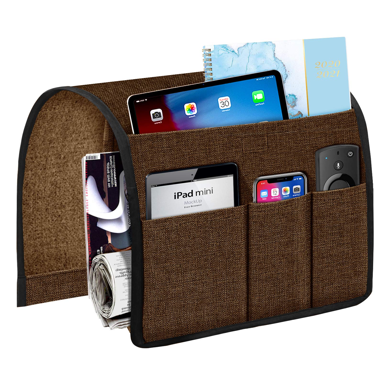 Joywell Armchair Caddy 5 Pockets Remote Holder on Couch & Chair Arm for TV Remote Control, Sofa Armrest Organizer for Magazine, Books, Cell Phone, iPad, Brown