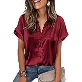 Zeagoo Womens Satin Blouse Short Sleeve Silk Tops Button Down Shirts Business Casual Outfits