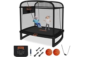 jumpfly 6FT Rectangle Trampoline for Kids, Toddler Trampoline with Swing & Basketball Hoop, Indoor & Outdoor Mini with Enclosure, ASTM Approved