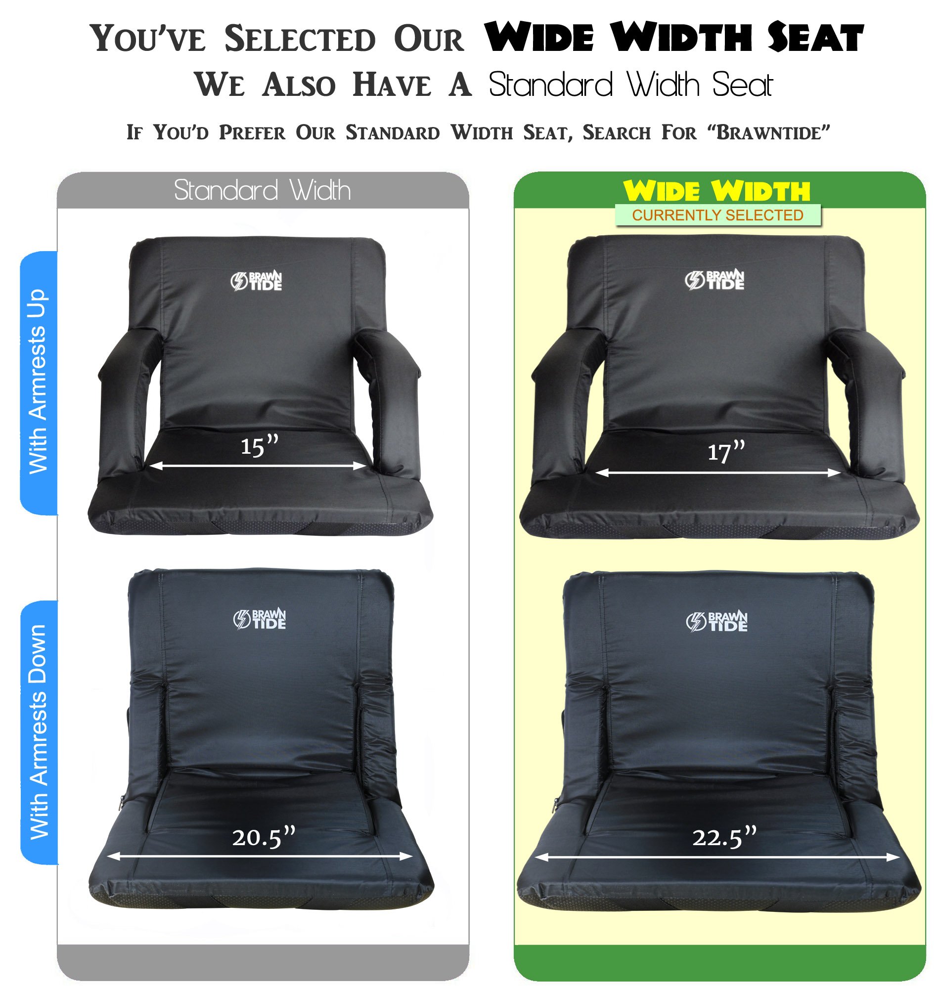 Brawntide Wide Stadium Seat Chair - Extra Thick Padding, Adjustable Bleacher Strap, Shoulder Straps, 4 Pockets, Water Resistant, Ideal for Sporting Events, Beaches, Parks, Camping