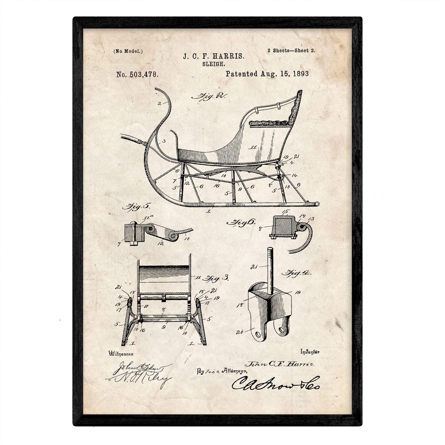 Nacnic Poster patent Sledge. Sheet with old design patent in A3 size and vintage background
