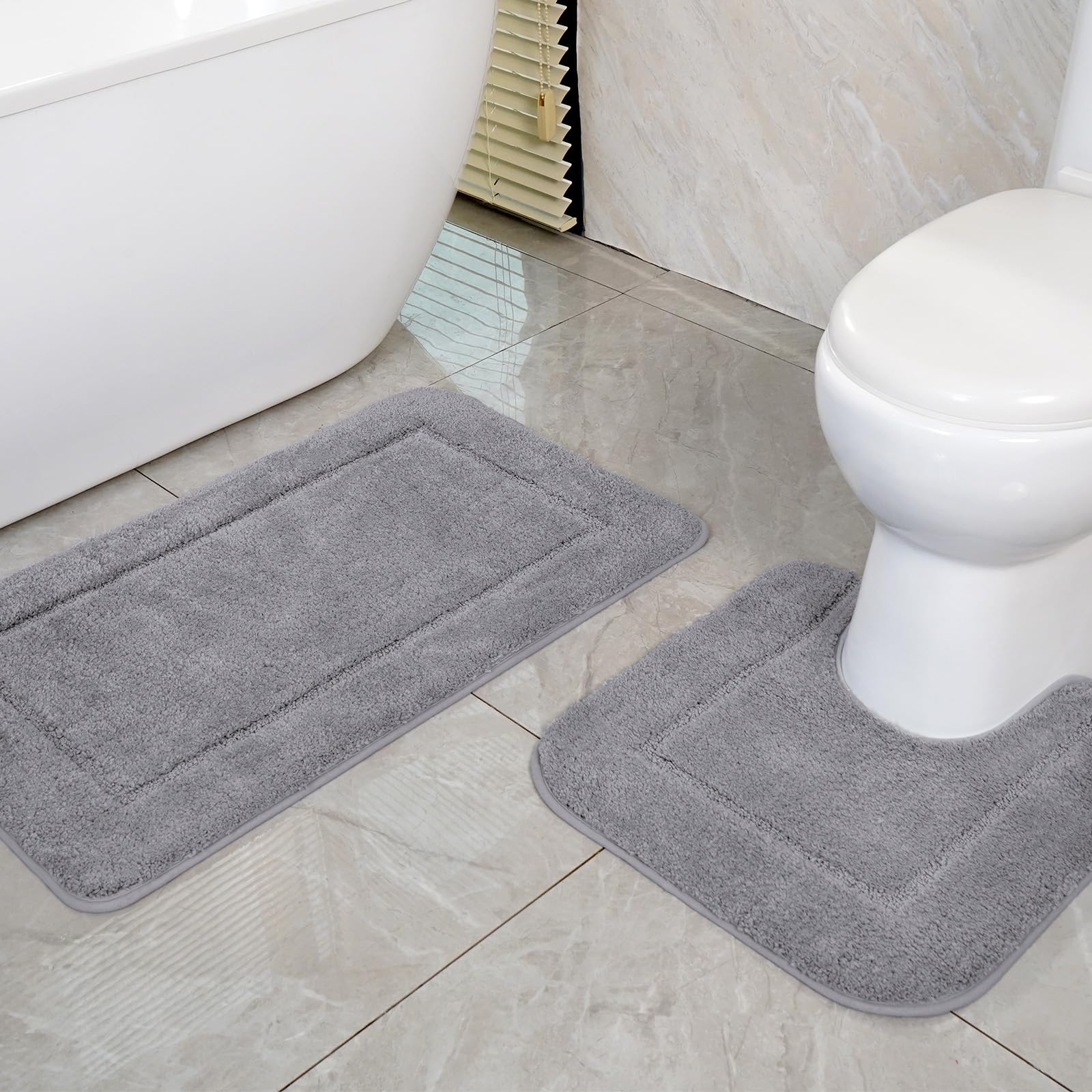 SOANNY Grey Bath Mat Set of 2, High Density Soft Microfiber Non-Slip Bathroom Mats with Water Absorbent, 53x86 cm Bathtub Rug & 50x50 cm Toilet Pedestal Carpet, Shower Rugs Machine Washable