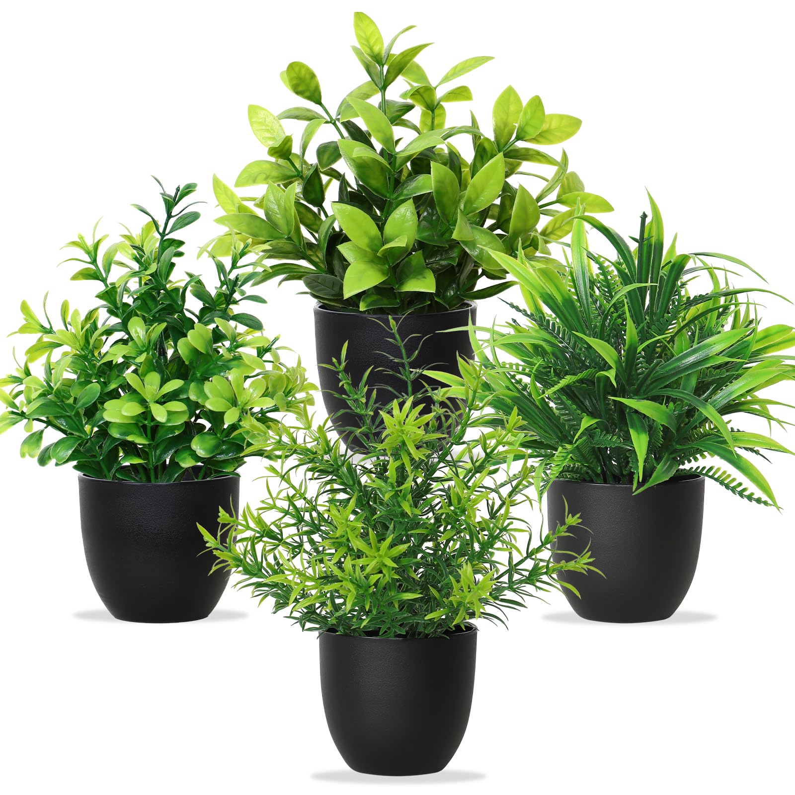 Betylifoy Artificial Potted Plants Mini 4PCS Small Fake Plants Greenery Indoor Decor Eucalyptus Plant Faux Plastic Plants for Office Home Bedroom Living Room Bathroom Desk (4, Black pot)