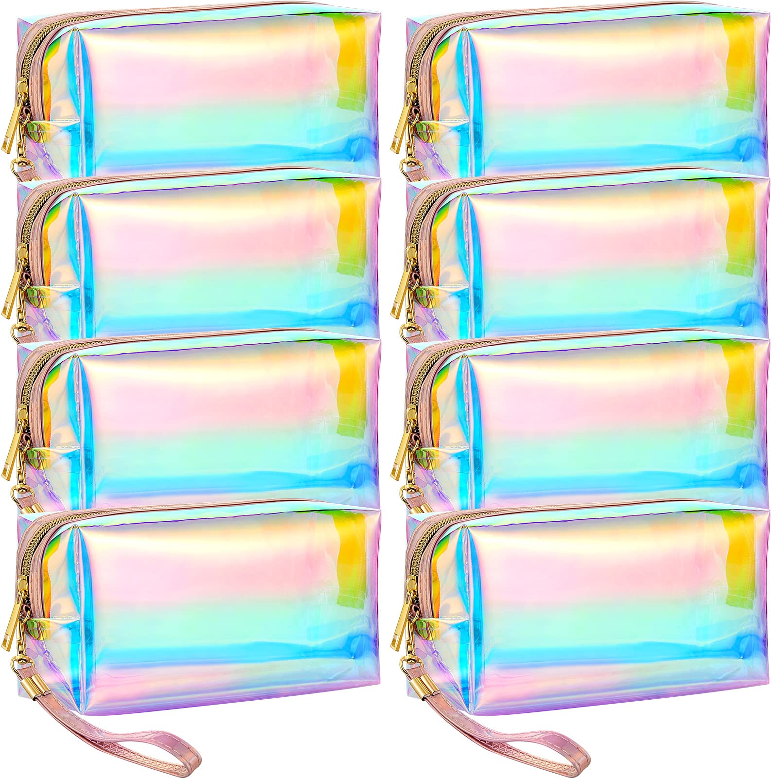 Photo 1 of Dunzy 8 Pcs Holographic Iridescent Clear Makeup Bags with Zipper Travel Cosmetic Pouches with Wrist Loop Waterproof Toiletry Organizer Case Home Office Beach Pouch Purse Diaper Vacation Gift Bag(M)