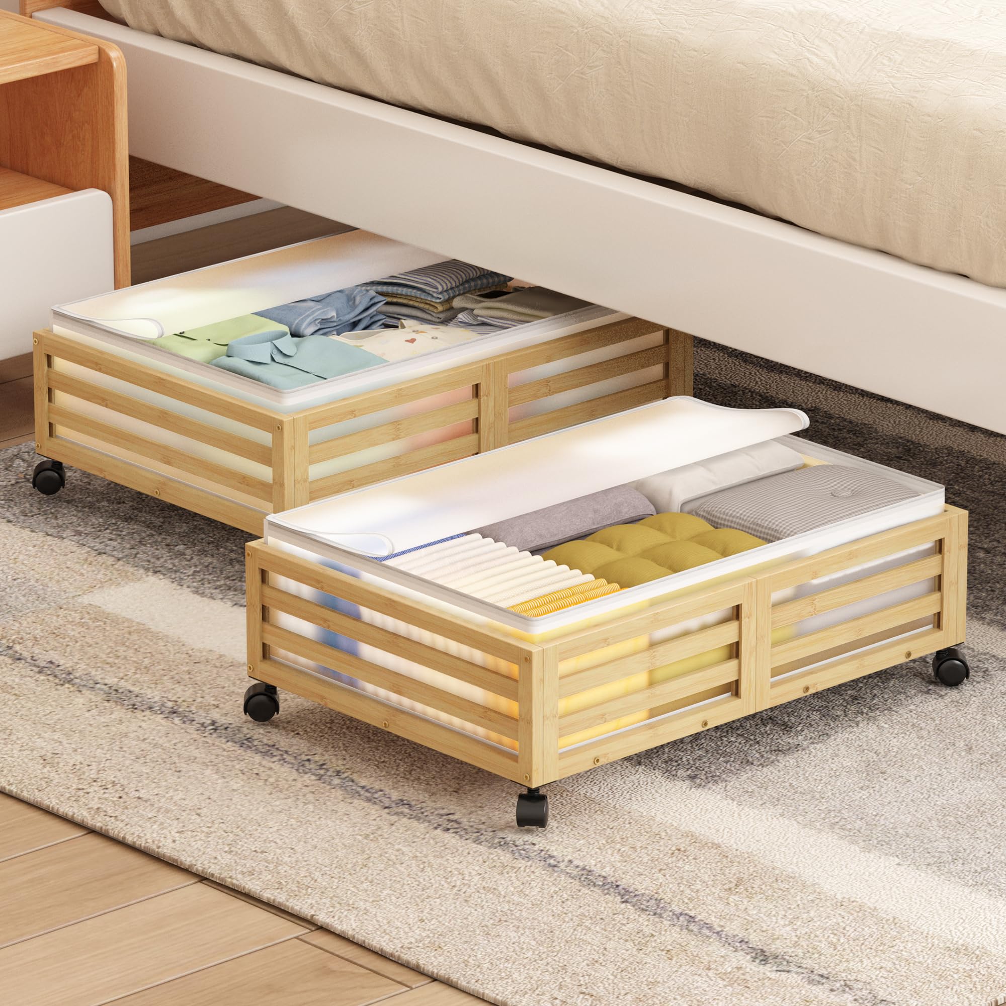 Photo 1 of Under Bed Storage Containers With Wheels - 2 Pcs Bamboo Wood Rolling Underbed Shoe Storage Bins With Dust Bags for Clothes Blankets, Duvet Covers Snacks Toys (Natural)