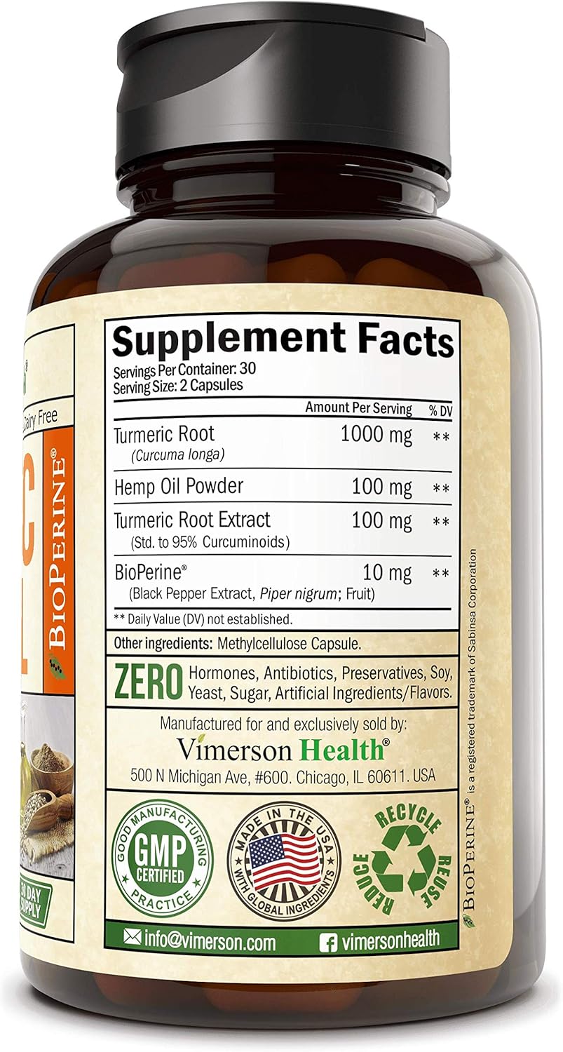 Turmeric Curcumin with Hemp Oil Powder and Bioperine. Joint Pain Relief, Anti Inflammator. Stress and Sleep Support Supplement with Curcuminoids and Black Pepper. 60 Capsules: Health & Personal Care