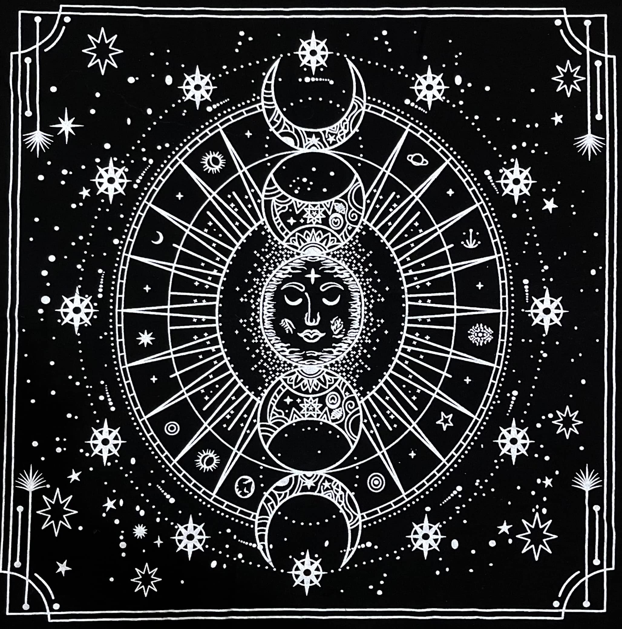 Indian Consigners Wiccan Altar Cloth – Moon Faces & Stars Design – 18x18” Tarot Table Cover for Rituals, Spells & Home Décor