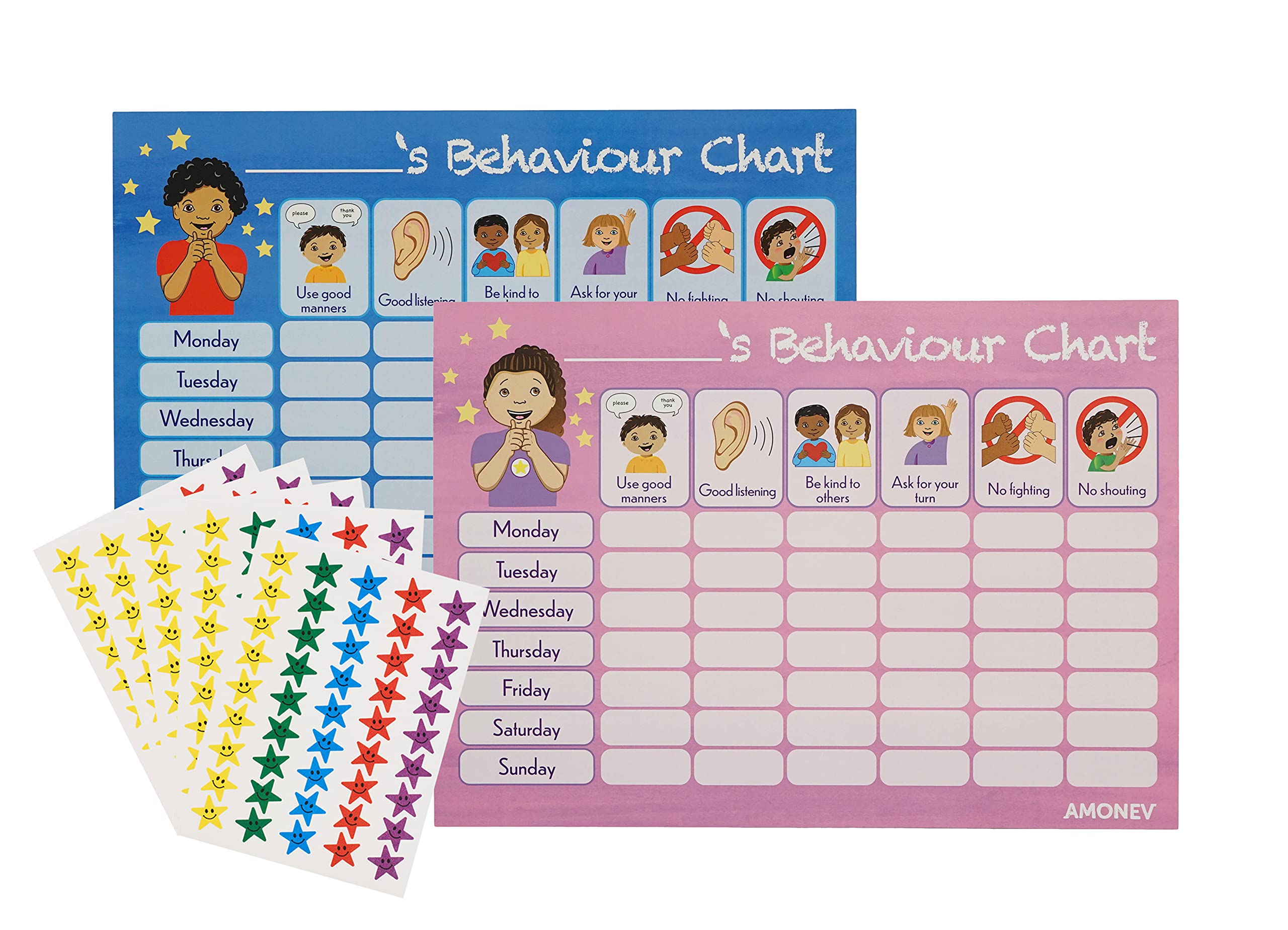 Amonev Behaviour Reward Charts for boys and girls Toddlers Twin Pack with 225 star stickers included