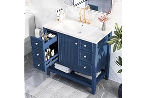 LUMISOL 36" Bathroom Vanity with Top and Sink, Modern Single Vanity with 3 Drawers and 1 Cabinet, Open Shelf, Solid Wood Bathroom Cabinet with Ceramic Sink, Blue