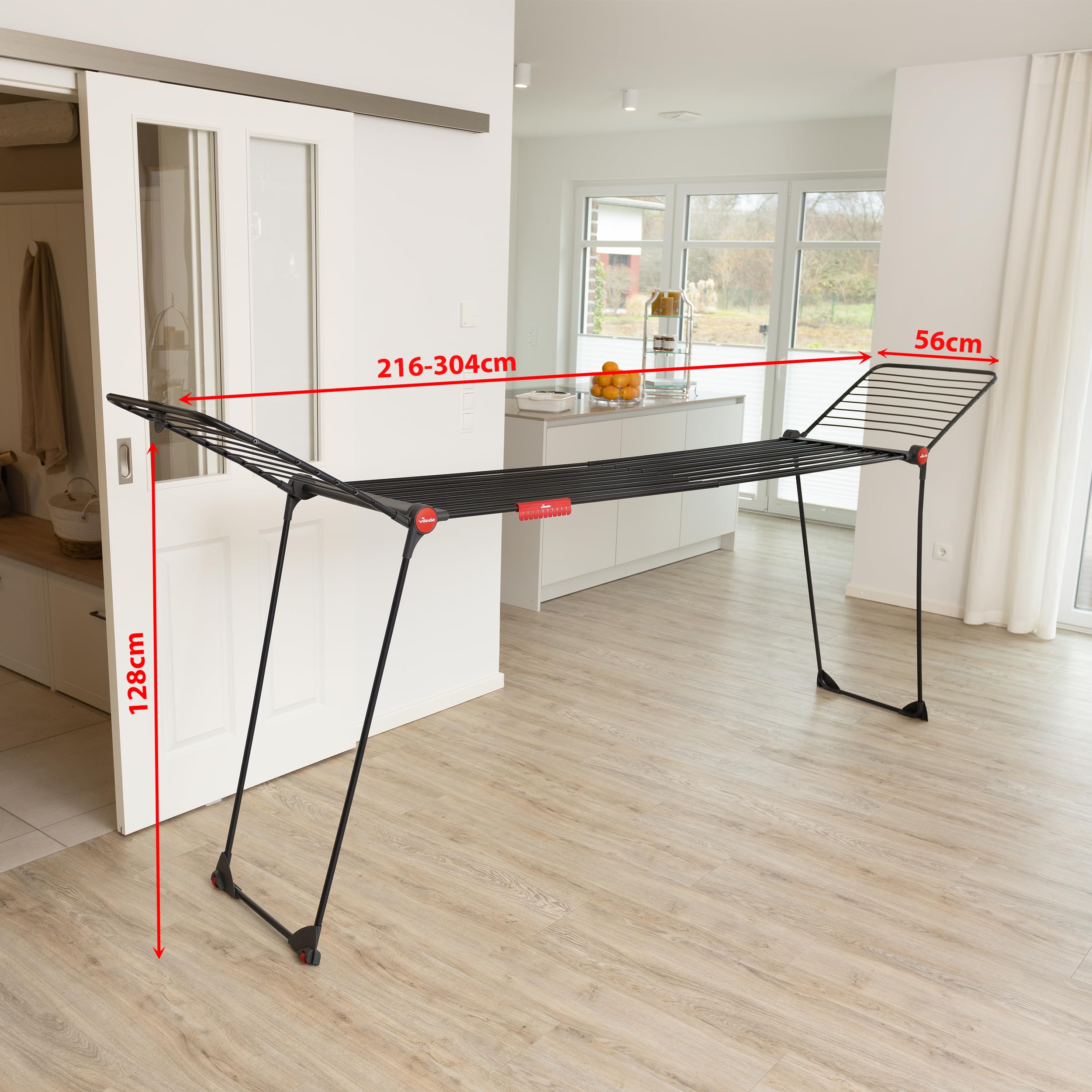 Vileda Infinity Flex Ultimate Wäscheständer Black Edition | Ausziehbares schwarzes Teleskopgestell, XXL-Trockenstäbe | Klappbar & Vormontiert - Weniger Abdrücke für große Textilien | Comfort-Pack 6