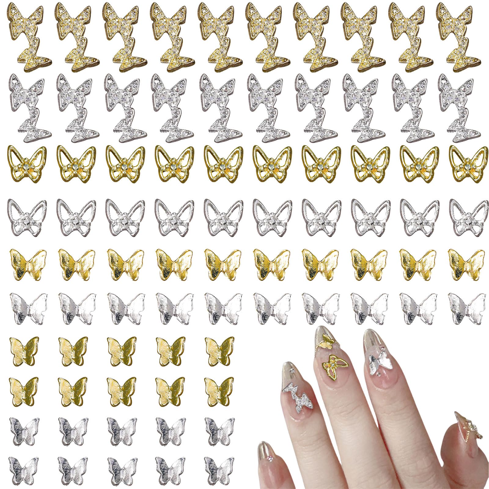 Butterfly Nail Charms,80PCS 3D Butterfly Nail Gems,Gold Silver Butterflies Shapes Metal Alloy Nail Supplies for Nail Art Design Decoration DIY Crafts