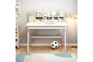 BALANBO Kids Desk Kids Table with Drawers and Bookshelf Wooden Kid's Media Desk Student Learning Computer Workstation and Writing Desk (White)