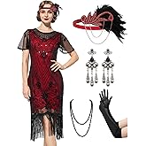 SWEETV Great Gatsby Lace Neck Flapper Dress - 1920s Dress for Women With Sleeve - Roaring 20s Costume