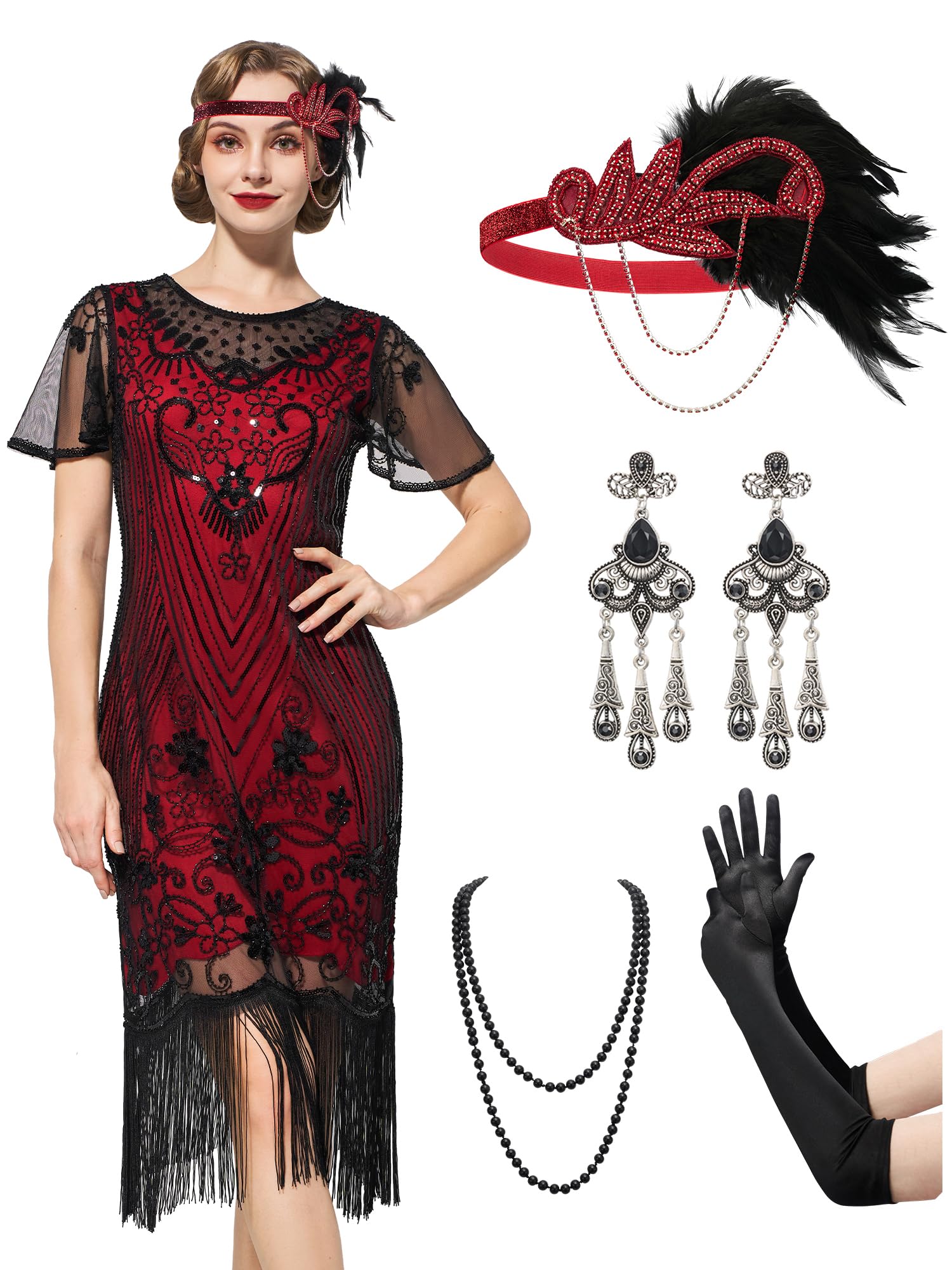 Photo 1 of (DRESS ONLY) SWEETV Flapper Dresses 1920s Dresses for Women,Crew Neck Great Gatsby Dresses for Women with Sleeve-Roaring 20s Costumes,Red,XL