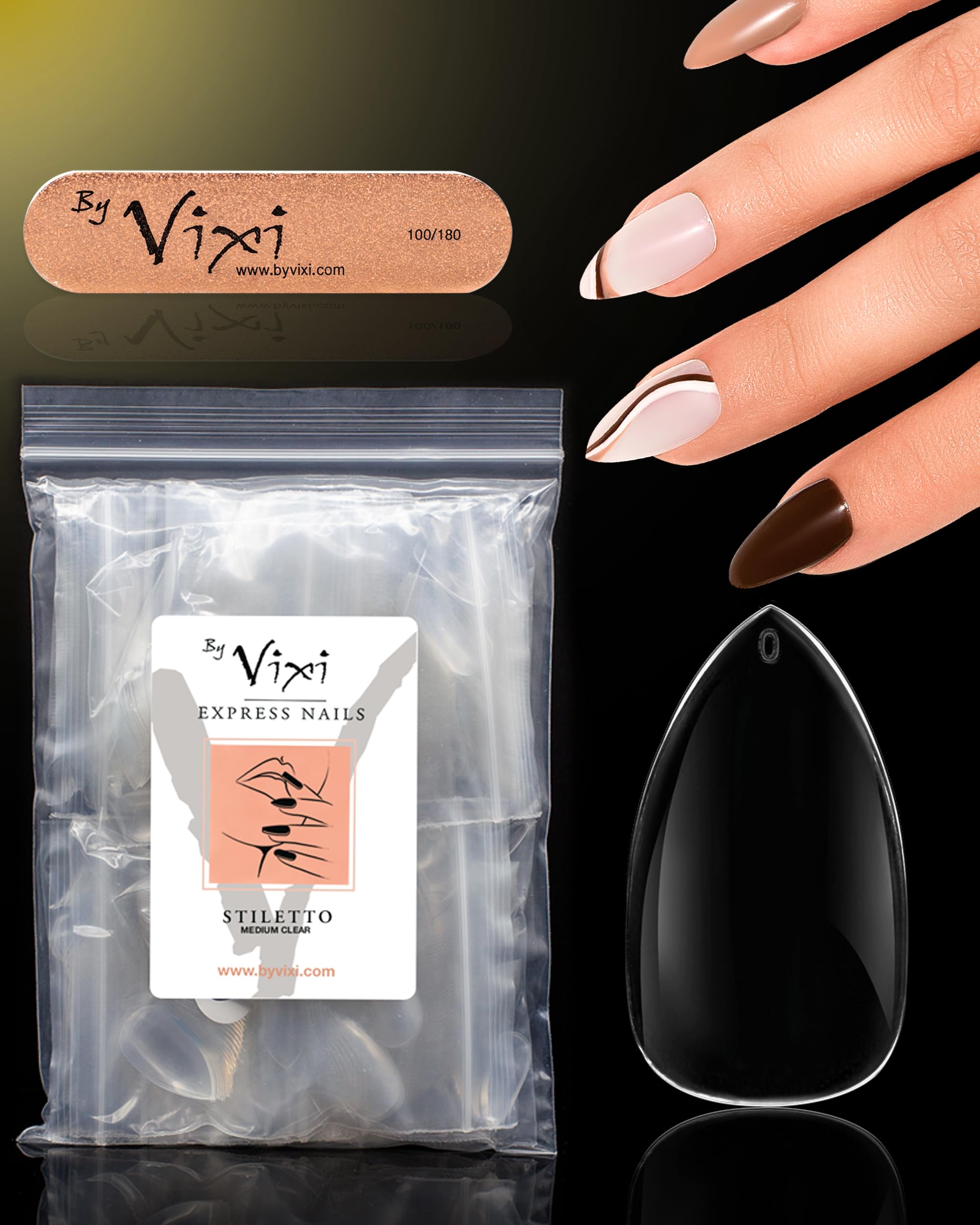 600 Medium Stiletto Press On Nails Set with By Vixi Prep File – Clear Full Cover False Nails, Stick On Fake Nail Tips, 10 Sizes, Acrylic Nail Extensions for Gel Polish & Art