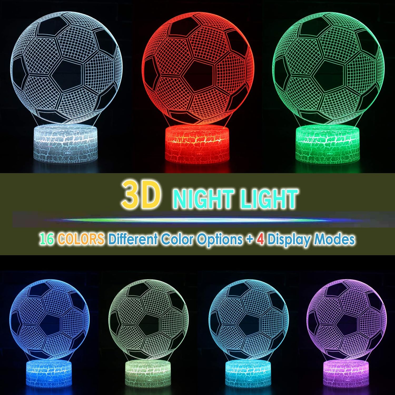 MARZIUS Football 3D Illusion LED Table Lamp Bedroom Night Light with Lighted Base,16 Colors Change,Soccer Ball Gifts for World Cup Fans,Men - Image 3