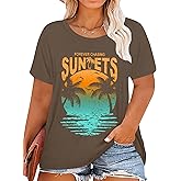 QAUN Plus Size Sunset Shirt Women: Summer Graphtic Tshirt Funy Saying Letter Tees Beach Short Sleeve Tops