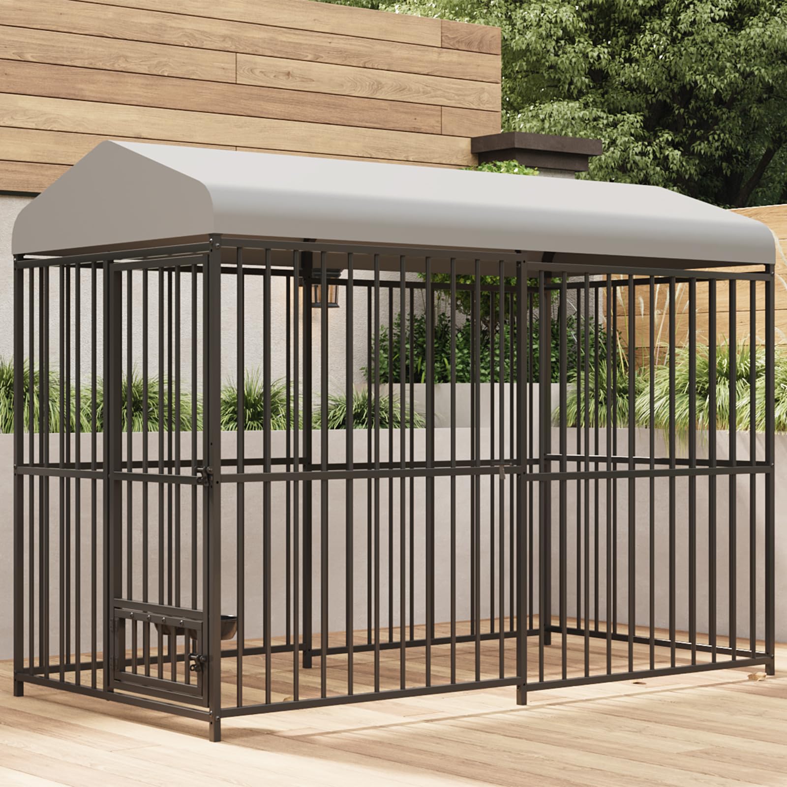 Photo 1 of 8X4x6 FT Large Dog Kennel Outside, Heavy-Duty Outdoor Cage with Lock and Waterproof Roof, Swivel Stainless Steel Feeding Bowl- Easy Assembly for Medium & Large Dogs.