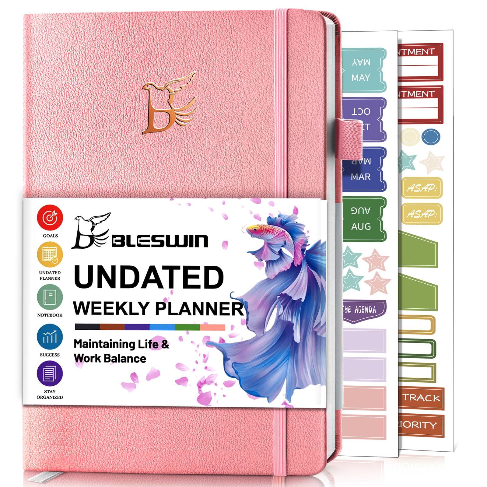 Undated Weekly Planner - A5 Agenda Organizer, Goal Definition with Elastic, Adhesive Pen Loop, Pink Monthly Planner for Personal Balance Between Work and Life