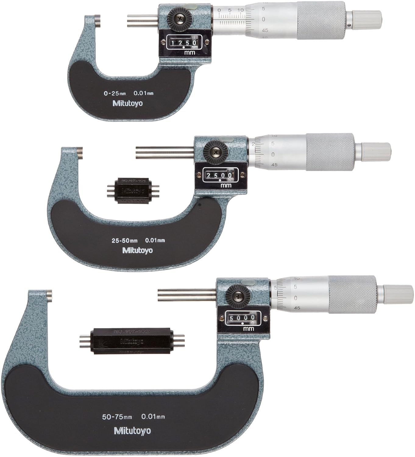 Mitutoyo 193901 Digit Outside Micrometers, Ratchet Stop, 075mm Range