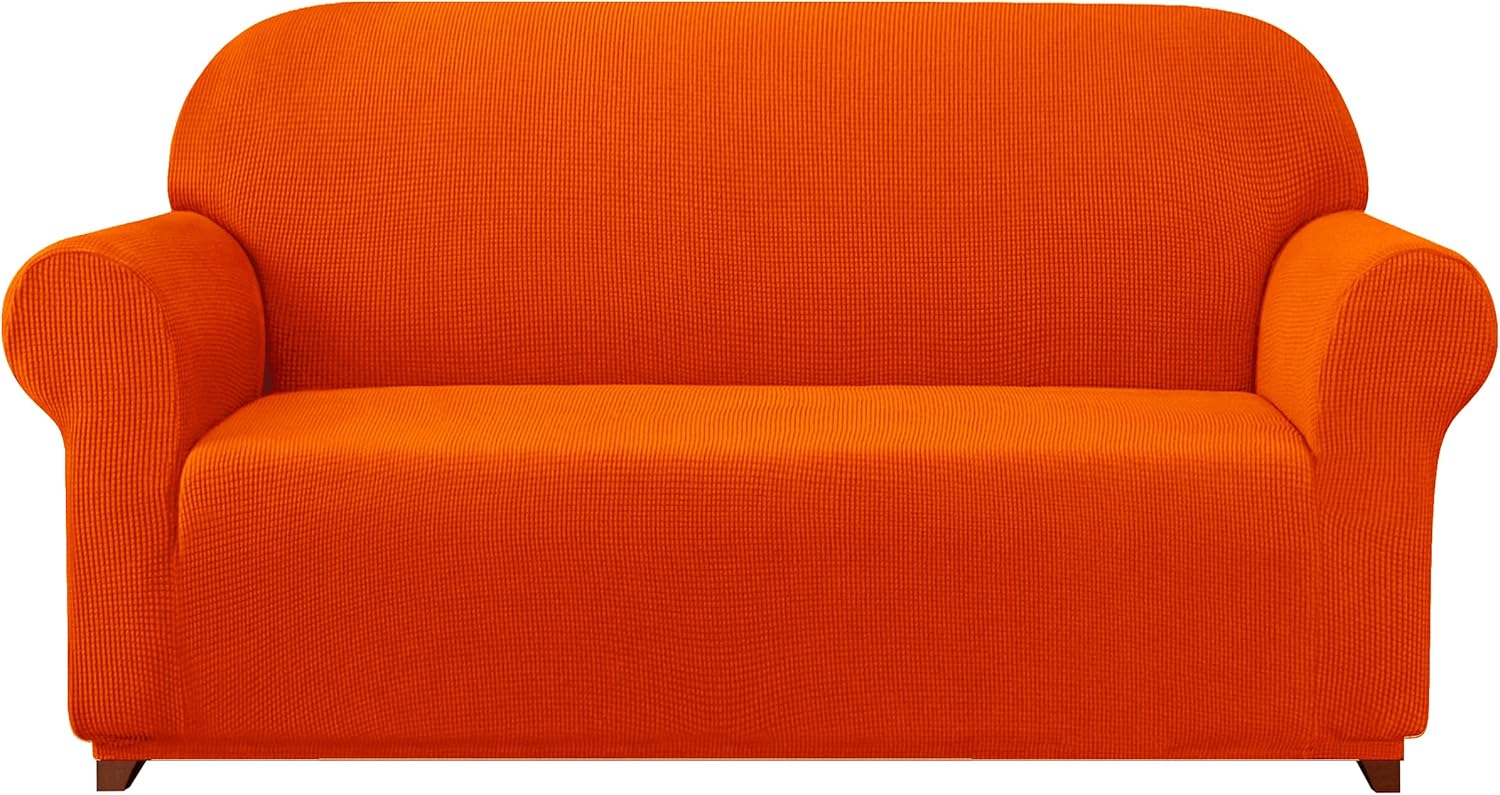 Slipcovers - subrtex Sofa 1-Piece Stretch Slipcover Soft Couch Washable Furniture Covers Jacquard Fabric Small Checks(Orange,Large), Sofa/3-seater