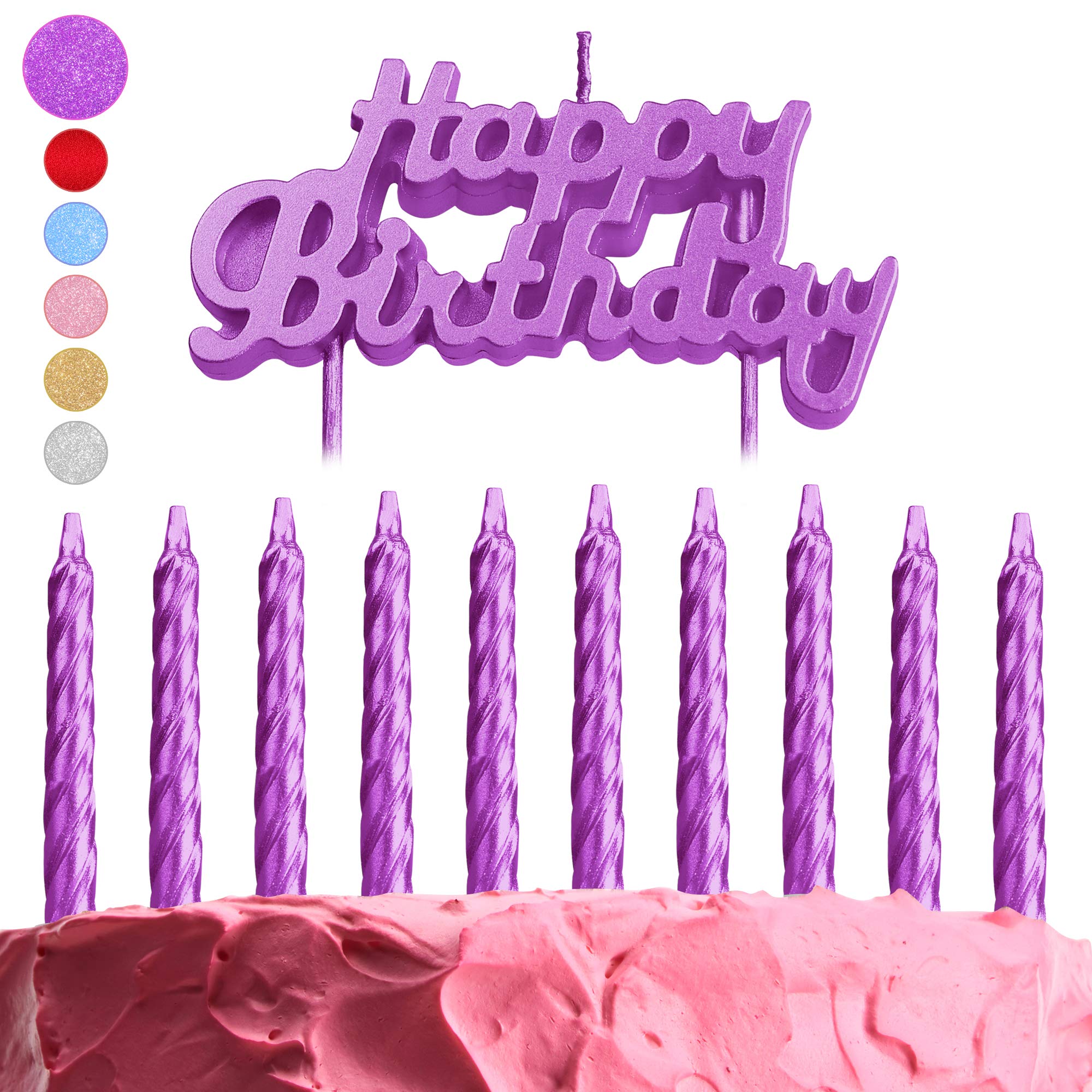 GET FRESH Purple Glitter B-Day Birthday Candles 10-Pack Spiral Metallic and Happy Birthday Letter Cake Toppers