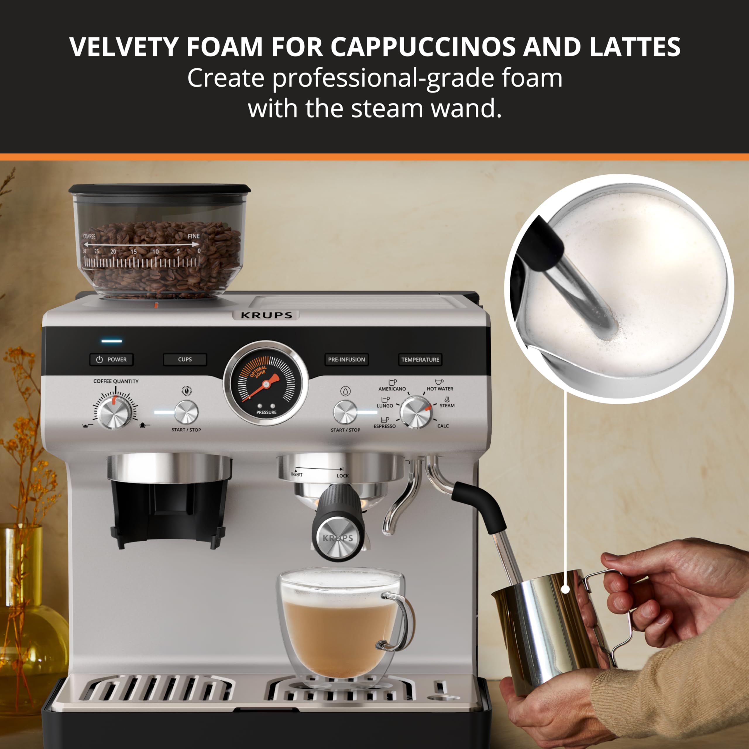 KRUPS Máquina de café expreso de precisión con molinillo, máquina para hacer café con leche y capuchino, presión de bomba + varilla de vapor de espumador de leche, ajustes de molienda ajustables para resultados de calidad de barista, acero inoxidable y negro
