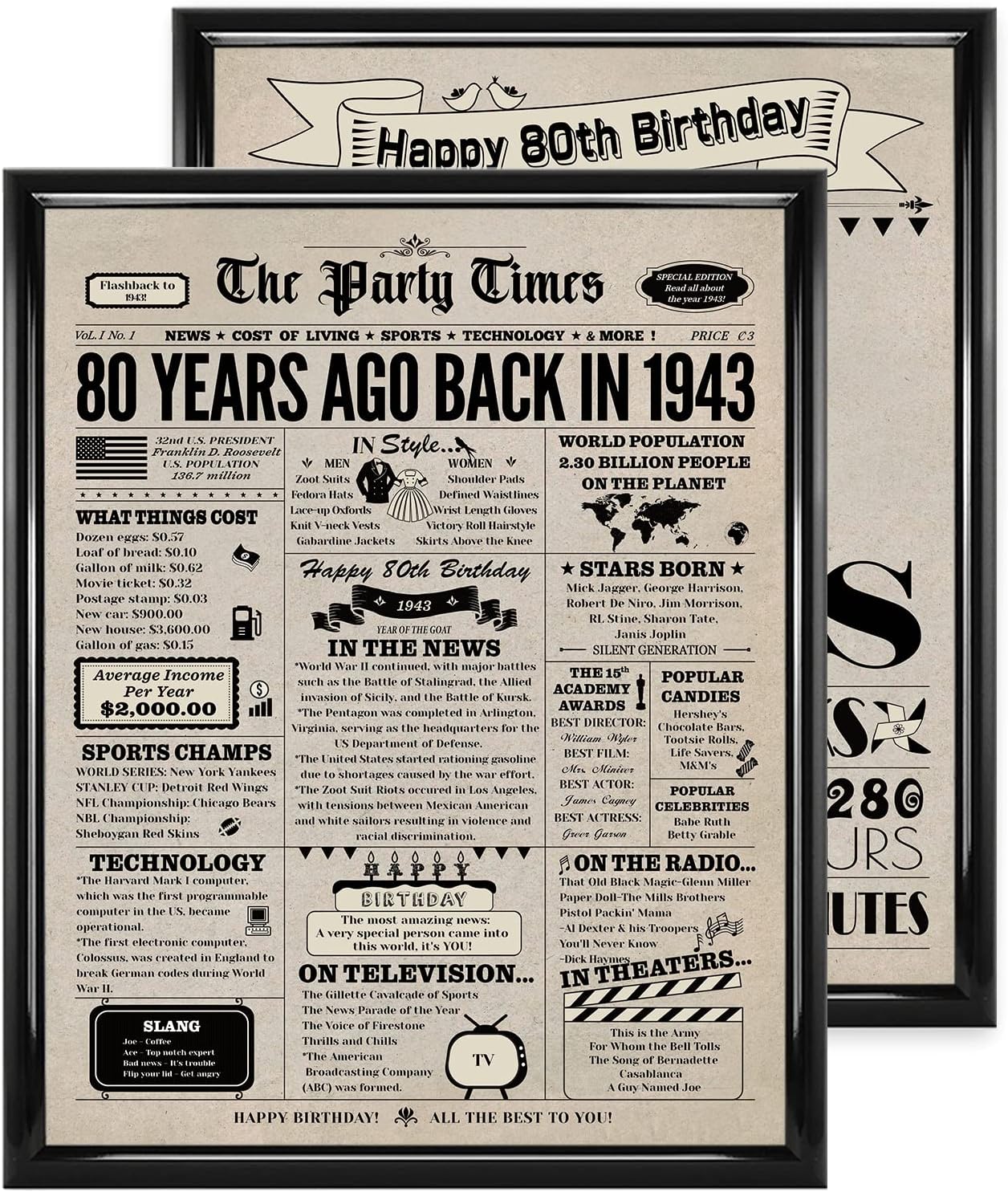 Wall Décor - 80th Birthday Decorations for Women and Men, 2 Pieces Vintage 80th Birthday Posters, Back in 1943 Birthday Party Supplies, 80th Birthday Gifts for Mom and Dad, 8x10 Inch