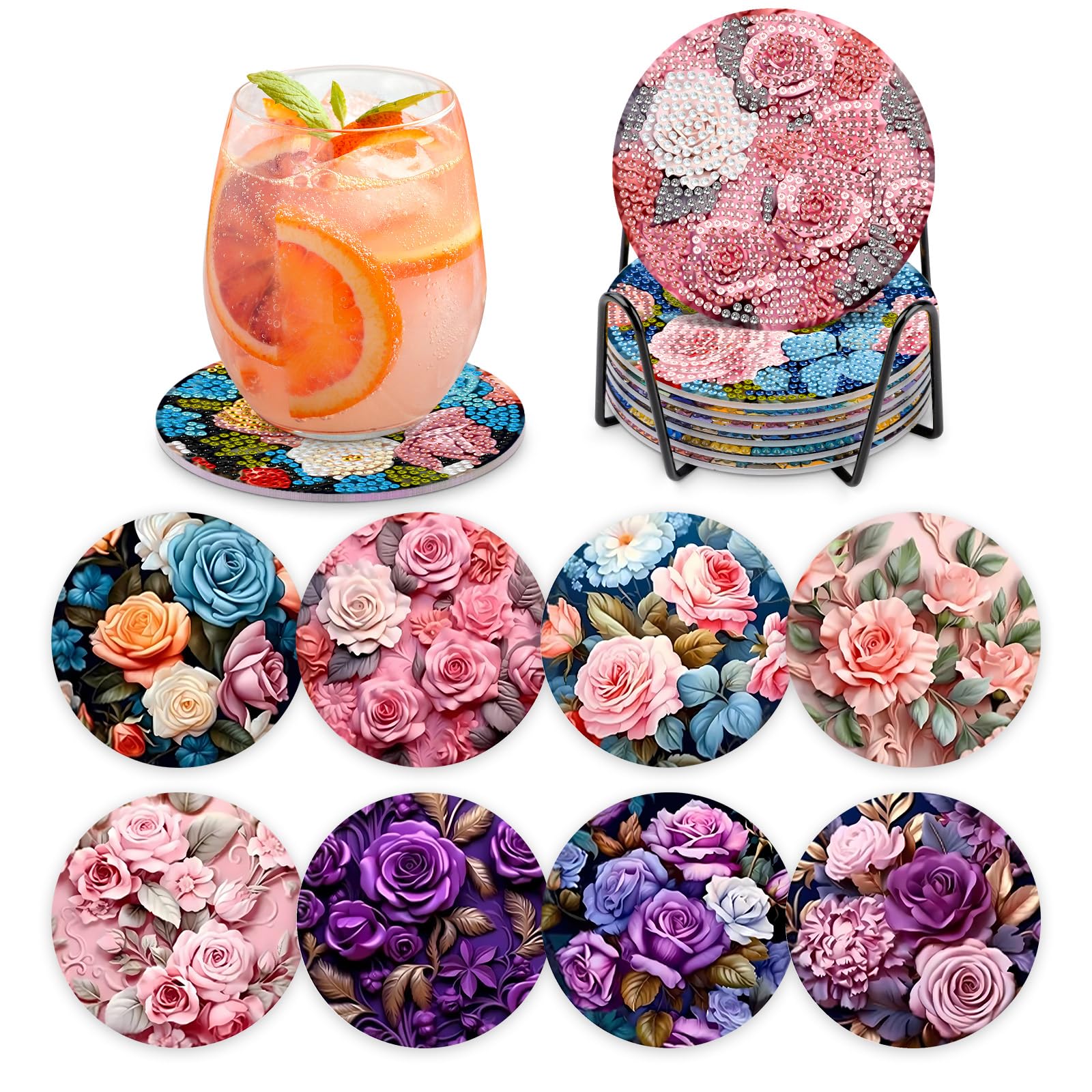 MOGTAA Colorful Rose Diamond Painting Coasters Kit with Holder, 5D Diamond Art Coasters Set of 8 for Adults Kids Beginners, DIY Diamond Painting Coaster Sets Flowers Painting Craft for Home Decor