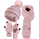 Remifa Winter Beanie Hat Scarf Gloves Set for Women, Slouchy Pom Pom Hat Long Knit Scarf Touchscreen Gloves Christmas Gifts