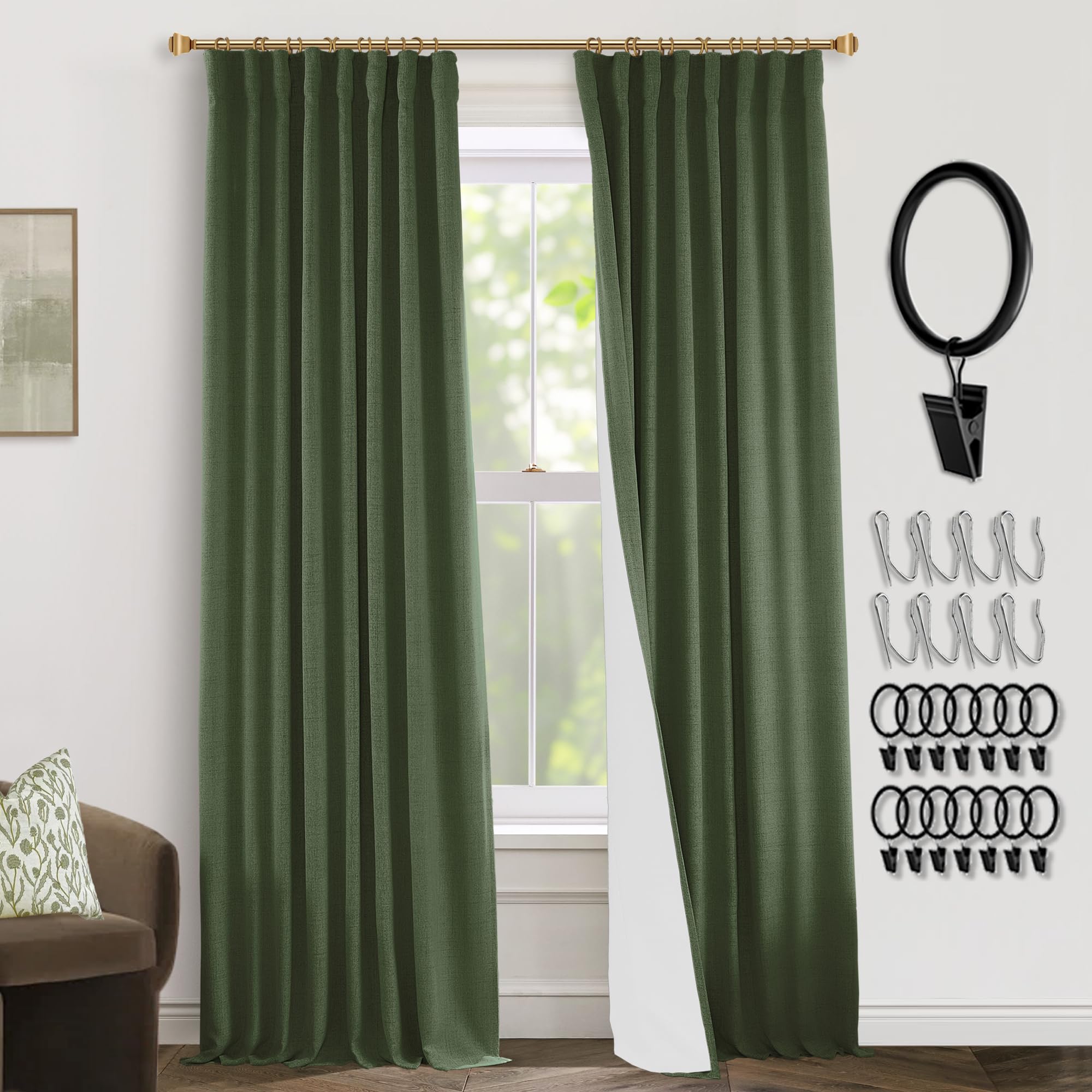 Photo 1 of 108 Inches Long Curtain Panels Set of 2,Blackout Linen Pleated 9 FT Black Out Curtains for Living Room,Dark Olive Green