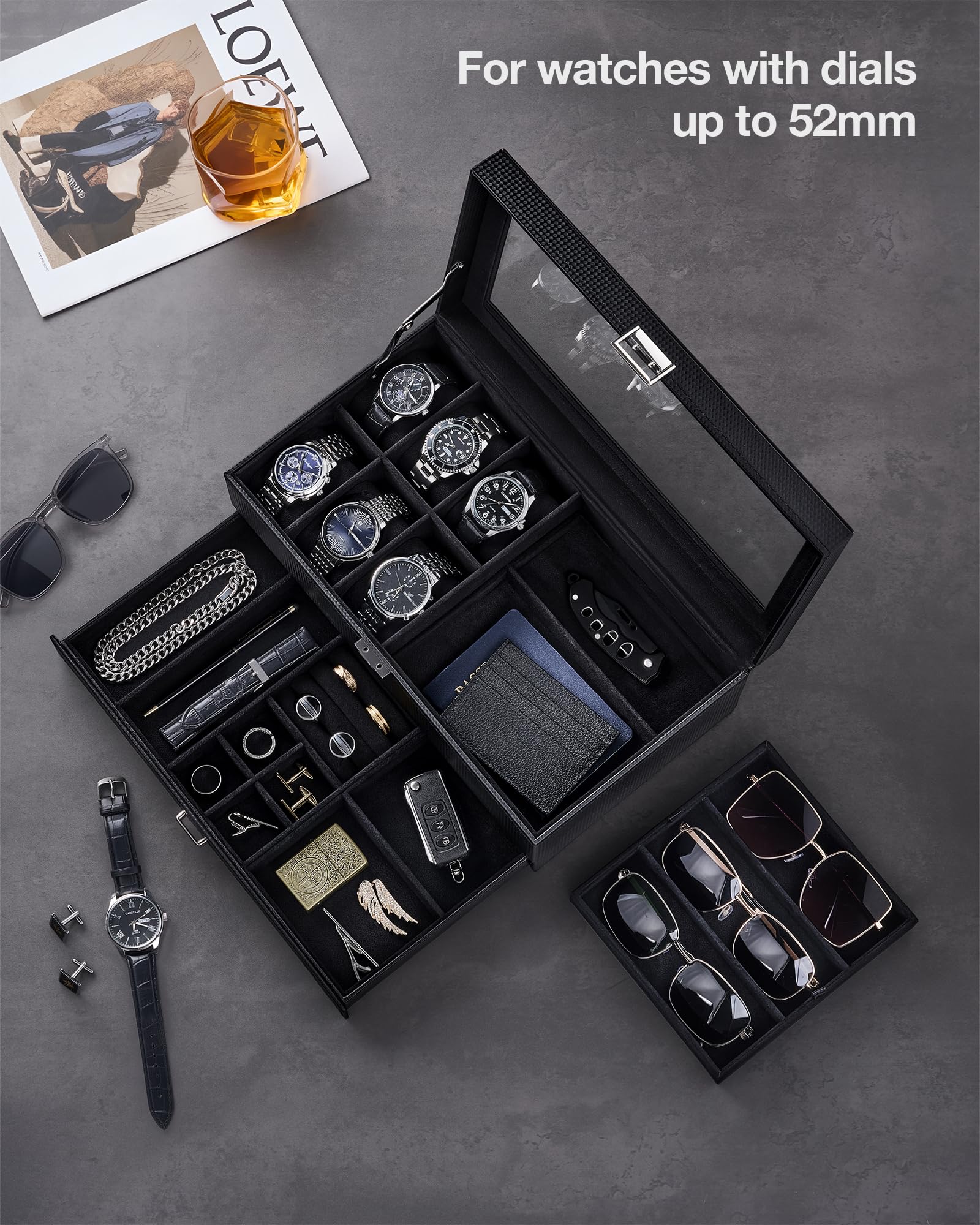 ProCase ProCase Mens Jewelry Box, Lockable 6 Slot Watch Case & 3 Slot Sunglasses Organizer, 2-layer Mens Jewelry Organizer Watch Box for Men, Watches Holder Display Storage Birthday Christmas Gifts -AllBlack