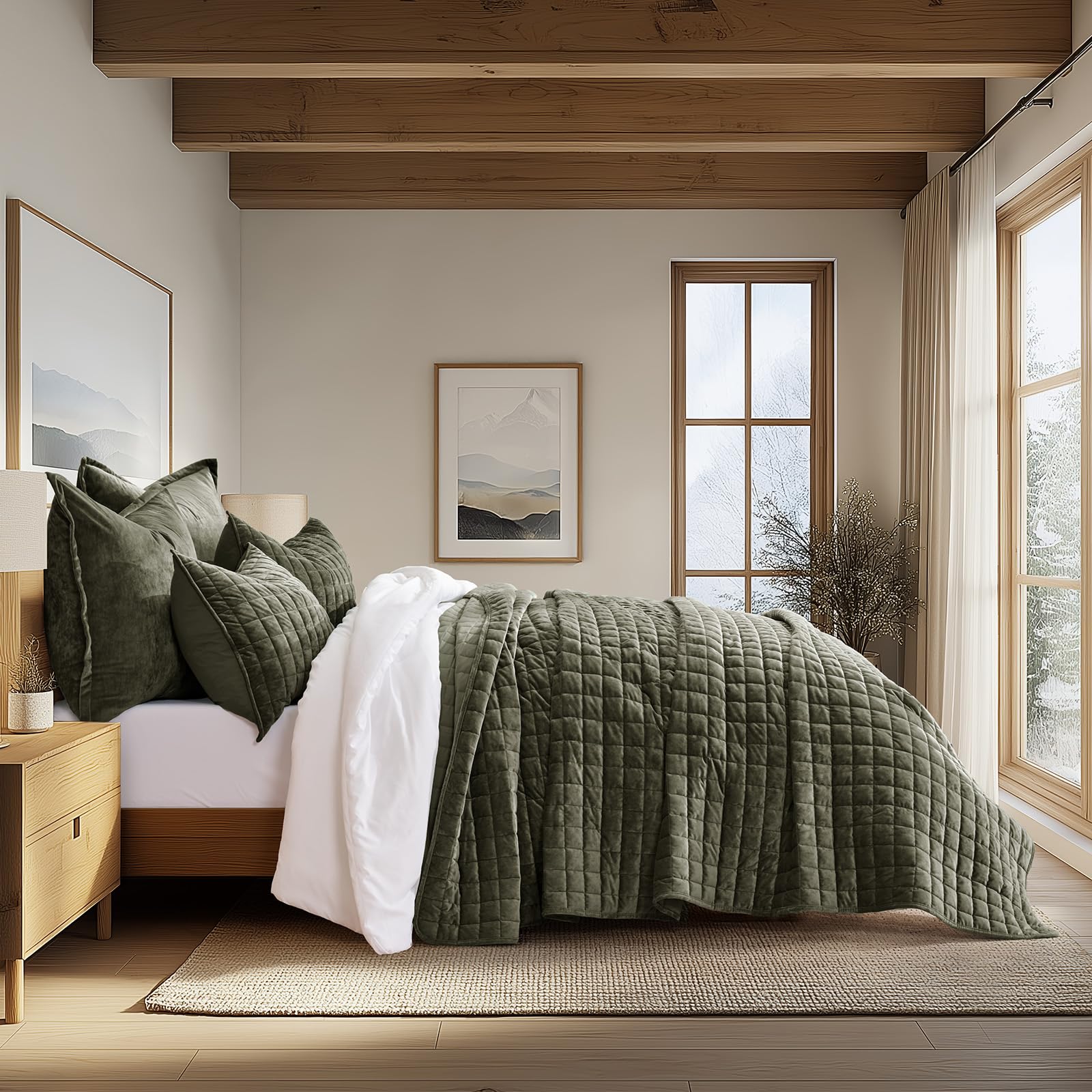 Photo 1 of RECYCO Luxury Velvet Quilt Set Twin/Twin XL Size, Lightweight Velvet Comforter Set, Oversized Bedspread Coverlet Quilted Bedding Set, with 1 Matching Pillow Sham, for All Season, Olive Green