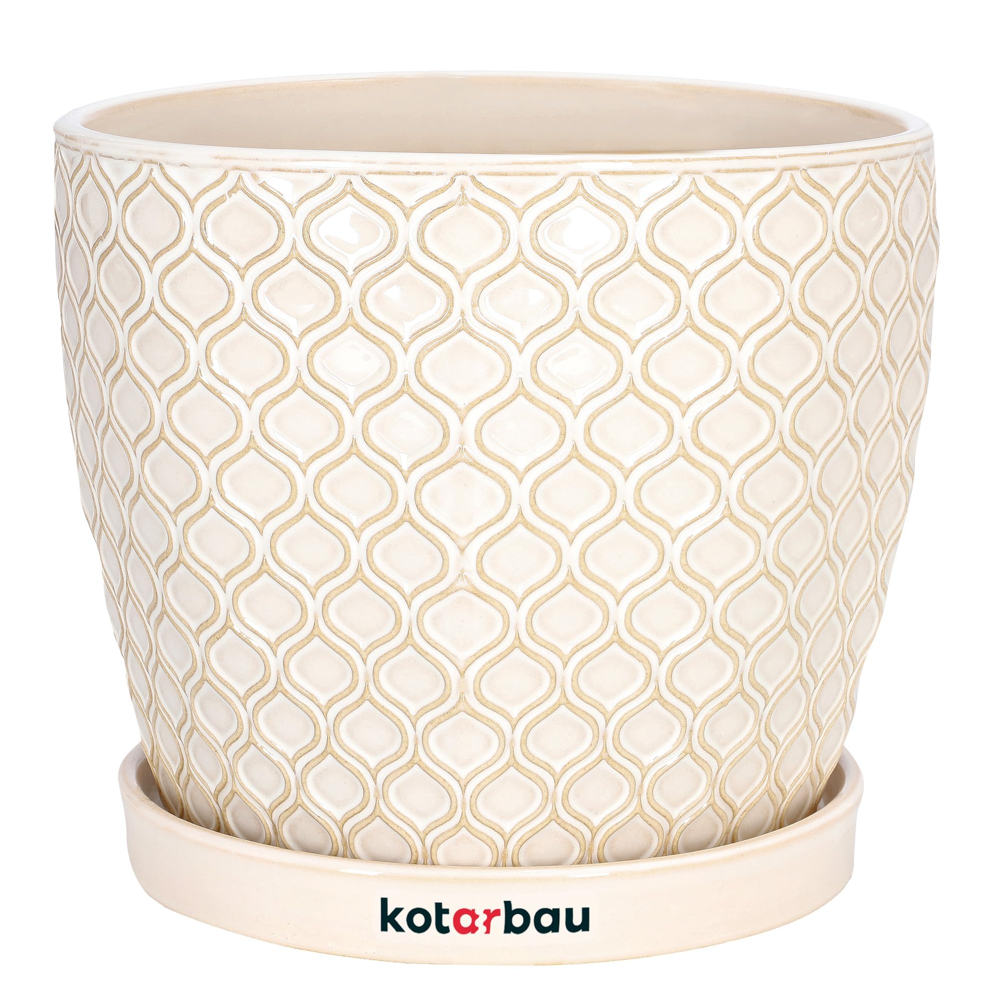 KOTARBAU - 15cm Diameter Vintage Ceramic Flower Pot with Drip Tray Fish Scale Cream
