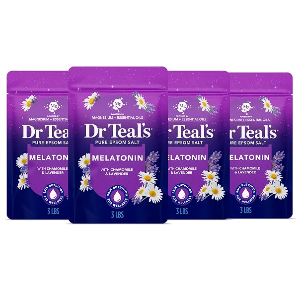 DR TEAL’S PURE EPSOM SALT, MELATONIN SLEEP SOAK WITH ESSENTIAL OIL BLEND, 3 LB (PACK OF 4)