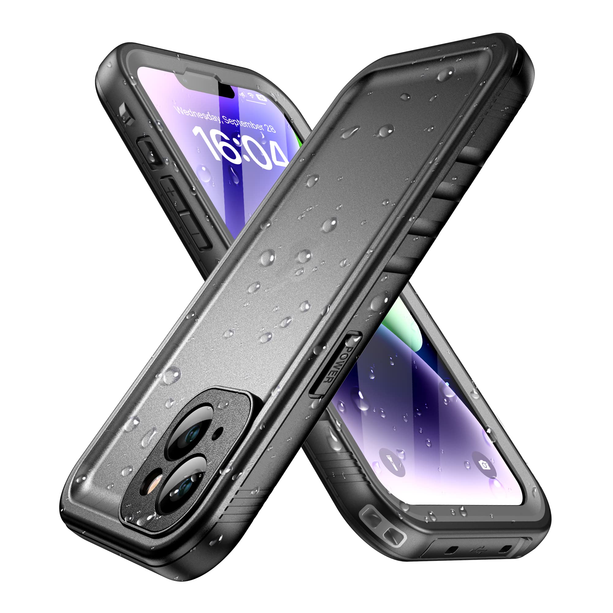 SPORTLINK Waterproof Case - Shockproof Heavy Duty Front Back Cover Built in Screen/Camera Protector 360 Full Body Protective IP68 Dustproof Military Bumper for iPhone 14 (6.1"), Black