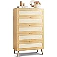 WLIVE Rattan Dresser for Bedroom, 5 Drawer Wood Boho Dresser Storage with Gold Metal Handle, Chest of Drawers for Living Room, Closet, Hallway, Light Oak