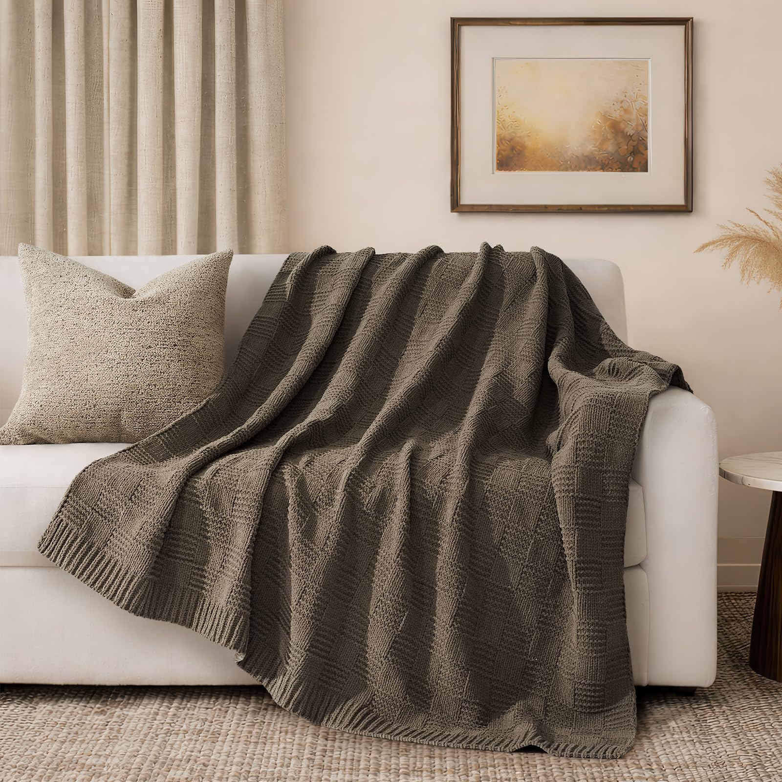 Photo 1 of EVERGRACEHOME Modern Checkered Chenille Throw Blanket, Soft Cozy Plaid Knitted Blanket for Sofa & Couch, Decorative Knit Throw for Bed and Living Room, Mocha Brown, 60" x 80"