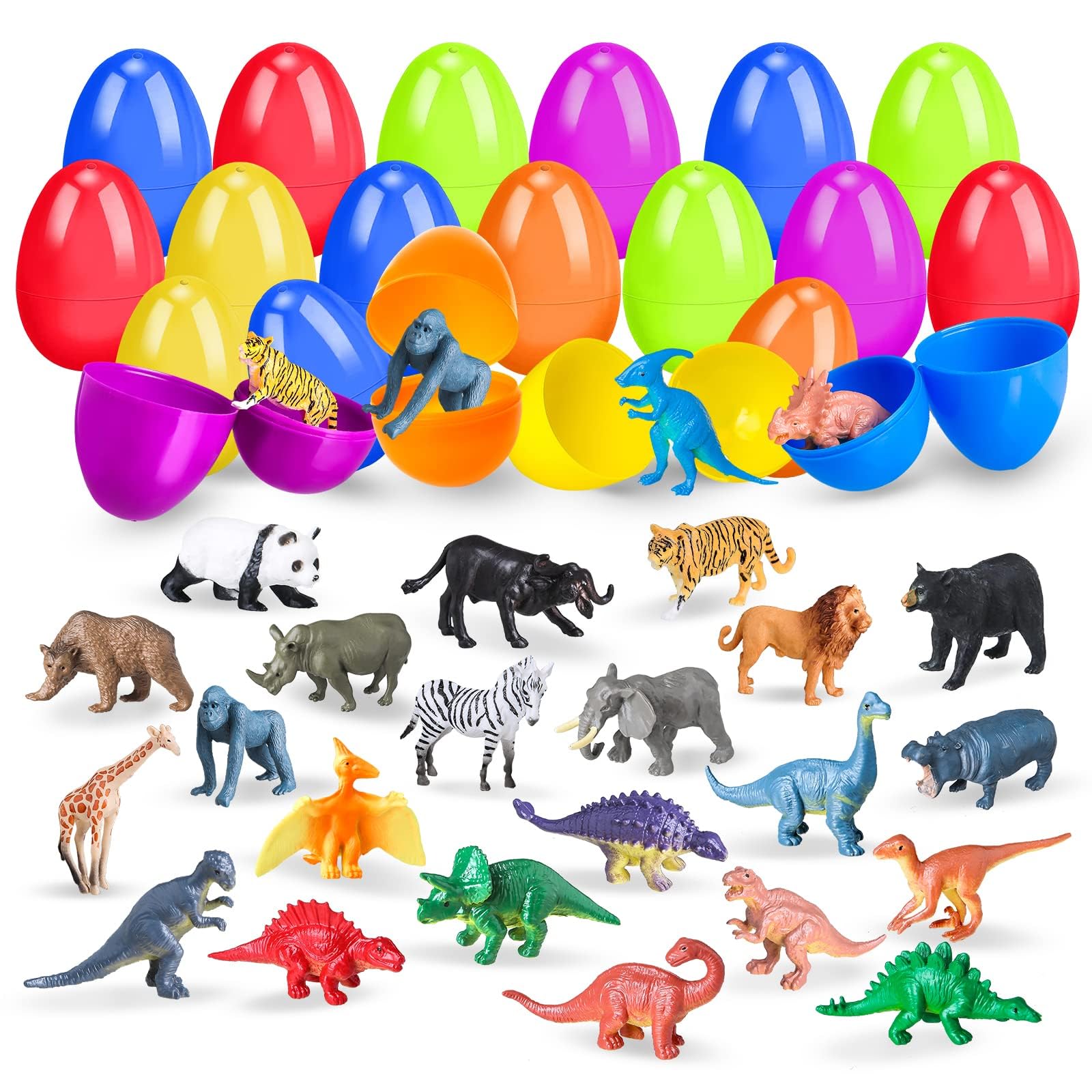 SpringFlower Easter Basket Stuffers, 24 Pack Prefilled Easter Eggs with Animal Dinosaur Figures for Easter Eggs Hunt, Easter Basket Essentials Fillers, Easter Party Favors Gifts for kids